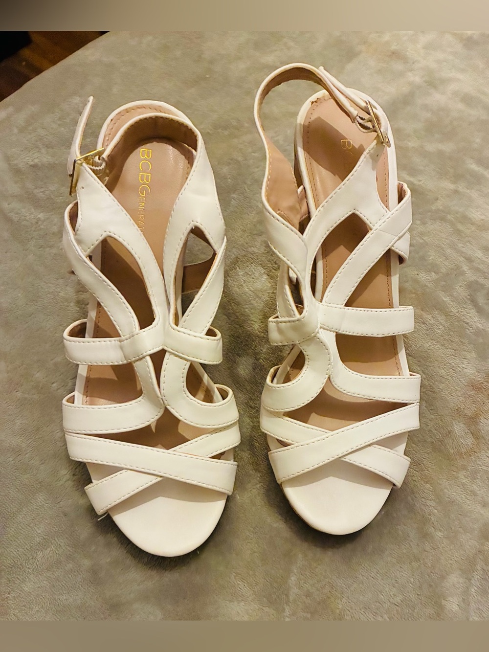 BCBGeneration Cream Strappy Cutout Wedge Sandals